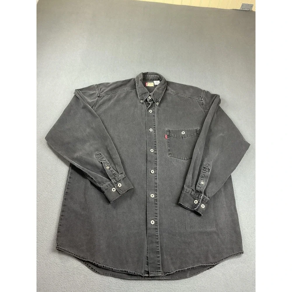 Vintage Levis Shirt‎ Mens Medium Gray Denim Long Sleeve Button Down Heavy Y2K